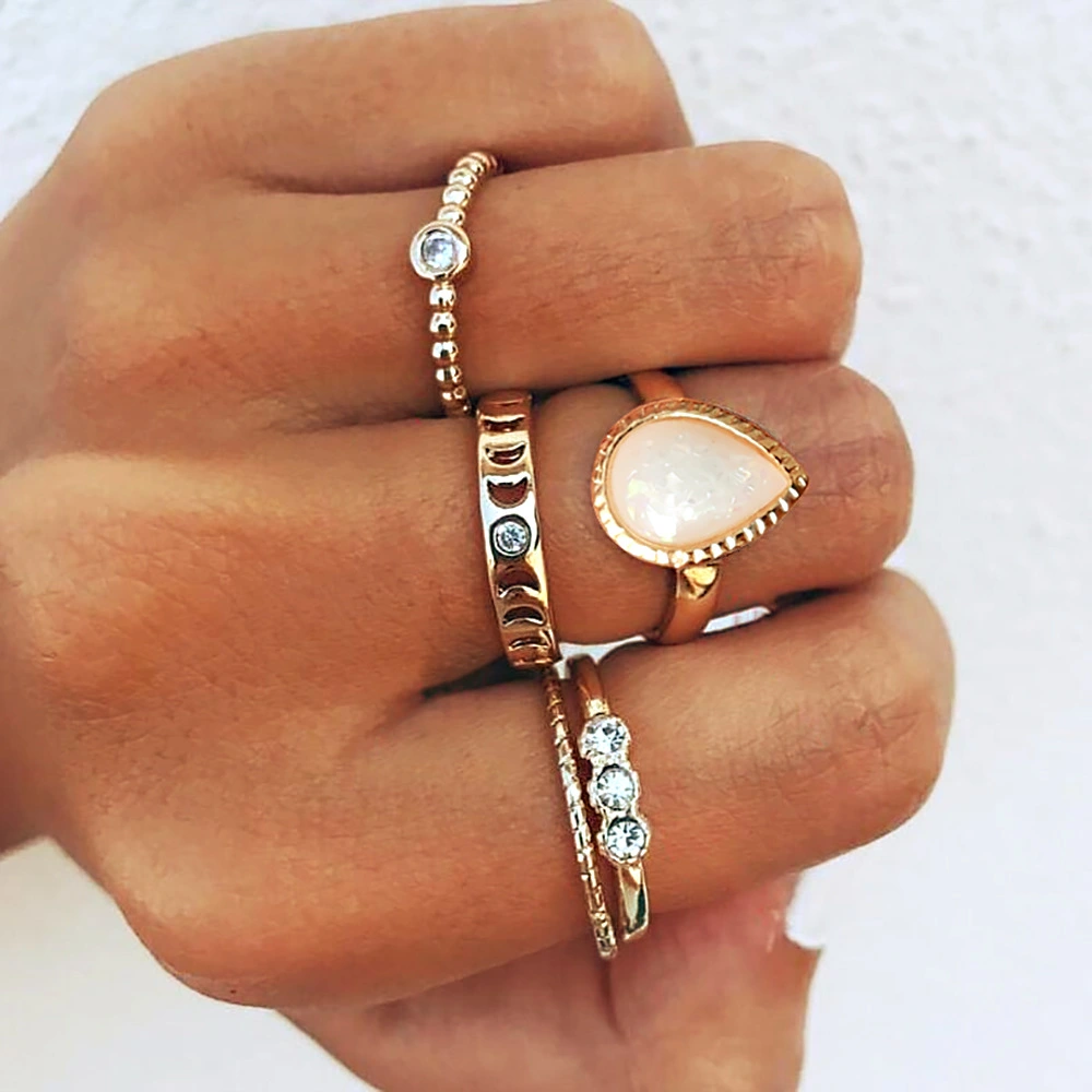 European And American Fashion Shining White Color Gem Water Drop Diamond 5-Piece Bohemian Joint Ring