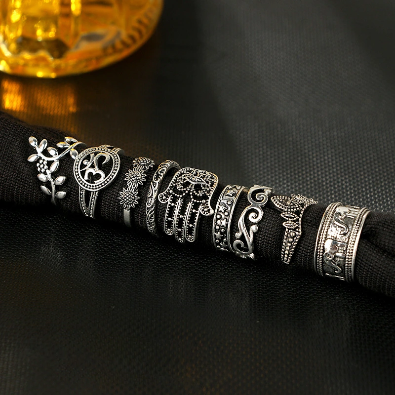 European and American Bohemian Vintage Hollow Carved Elephant Palm Crown 9-piece Ring