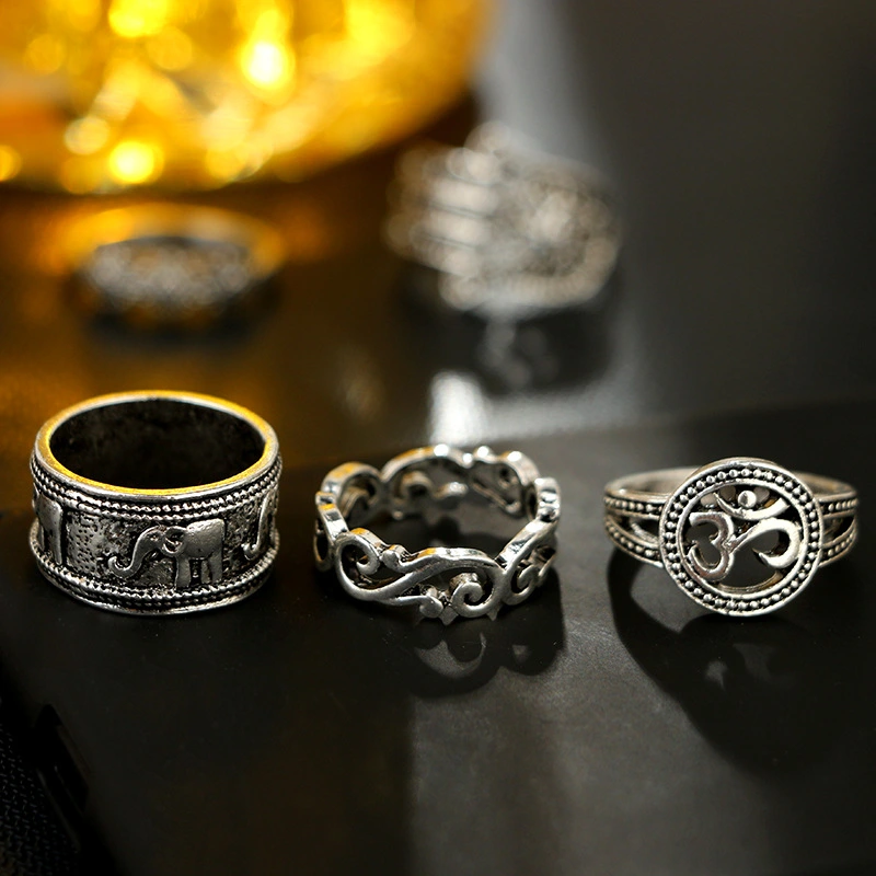 European and American Bohemian Vintage Hollow Carved Elephant Palm Crown 9-piece Ring