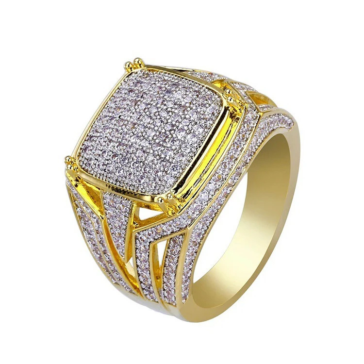 New Gold-Plated Square Men's Full Diamond Ring