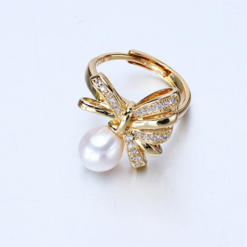 Dailan Jewelry Light Luxury Bowknot Freshwater Pearl Ring Female Opening Adjustable Rice-Shaped Pearl Ring Female Spot