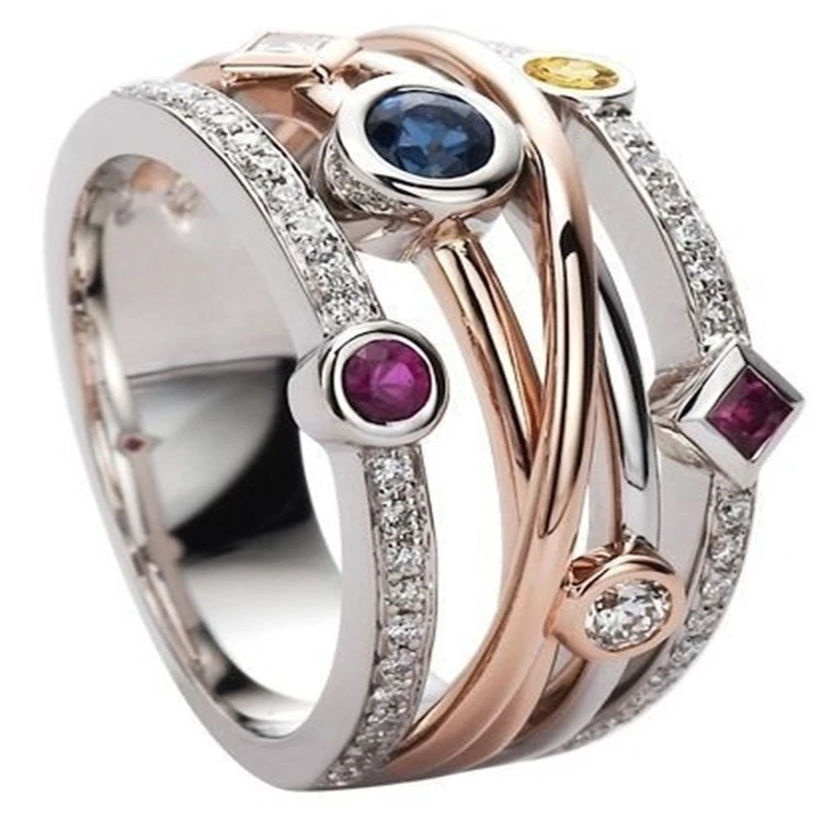 Colored Zircon And Diamond Ring With Silver Rim