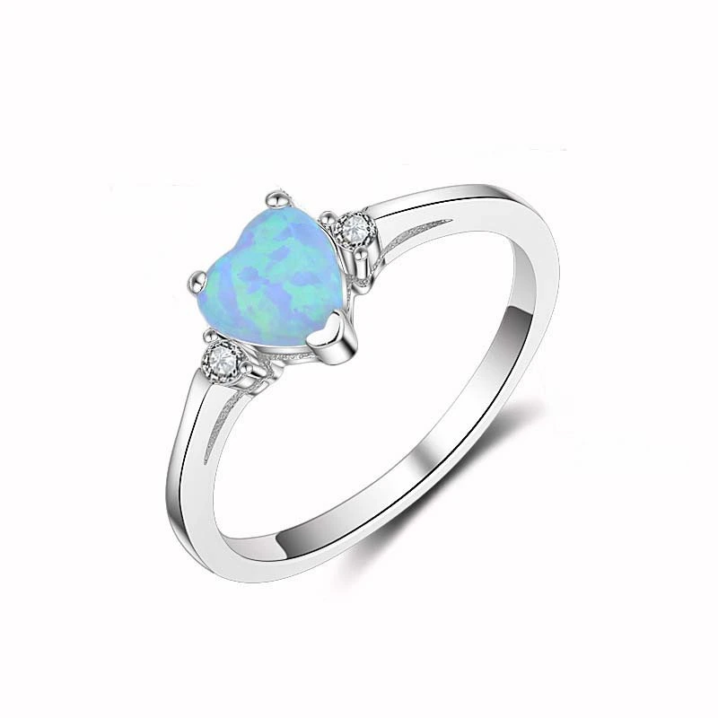 Sterling Silver S925 Platinum-Plated Simulation Diamond Female Ring With Heart-Shaped Blue Waves Inlaid Opal Stone And Auspicious Simple