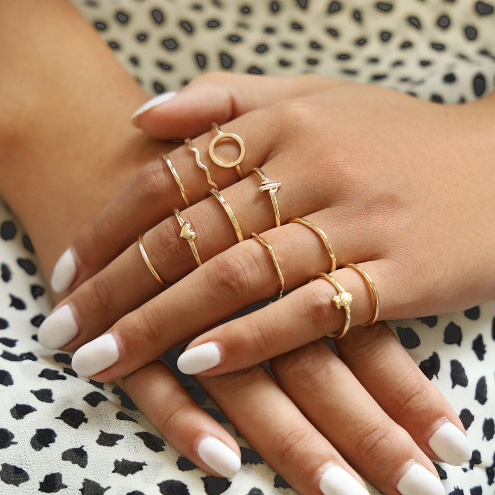 Bohemian Multi-Piece Set Heart Shape Diamond Crystal Ring Geometric Wave Breaking Ring European and American Beach Ring