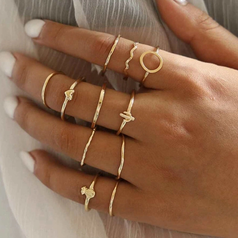 Bohemian Multi-Piece Set Heart Shape Diamond Crystal Ring Geometric Wave Breaking Ring European and American Beach Ring