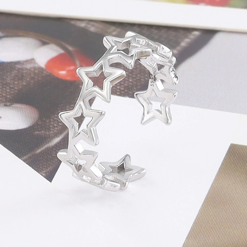 Silver Five-Pointed Star Ring Female Korean Style Simple And Fashionable Hollow Star Ring Opening Adjustable Tail Ring