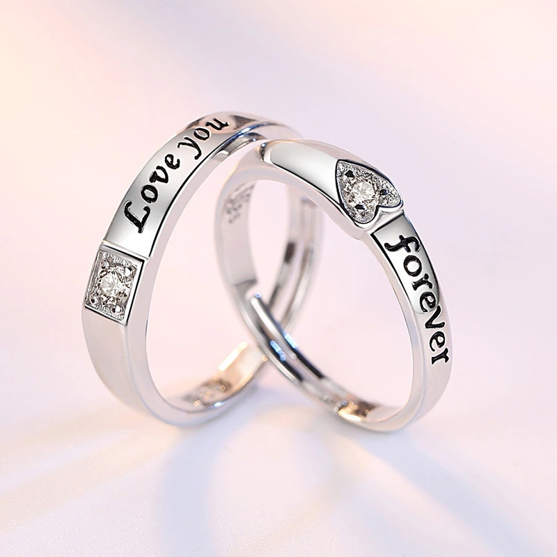 Love Heart-Shaped Eternal Zircon Diamond Ring Couple Ring Live Mouth Silver-Plated Ring Male And Female Couple Couple Ring