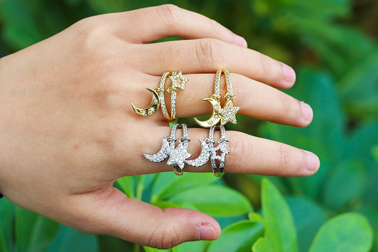 EYIKA Double Layer Star Moon Pendant Adjustable Ring Gold Silver Color Cubic Zirconia Female Finger Rings Gift For Girlfriend