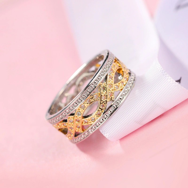 European And American Two-tone Gold Zircon Jewelry Hollow Ring