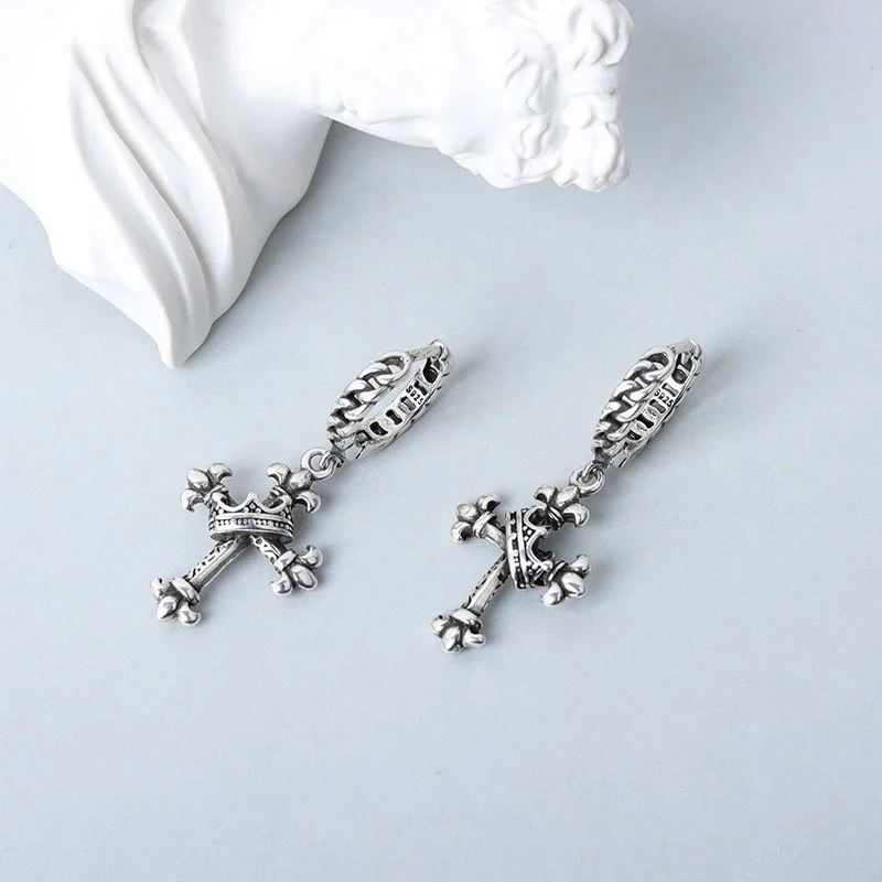 Japanese And Korean Vintage Distressed Crown Cross Earrings