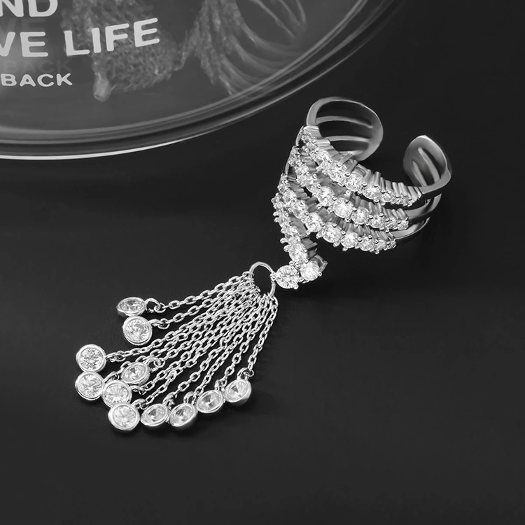 Platinum-Plated Tassel Ring Creative Style Zircon Ladies Ring Adjustable