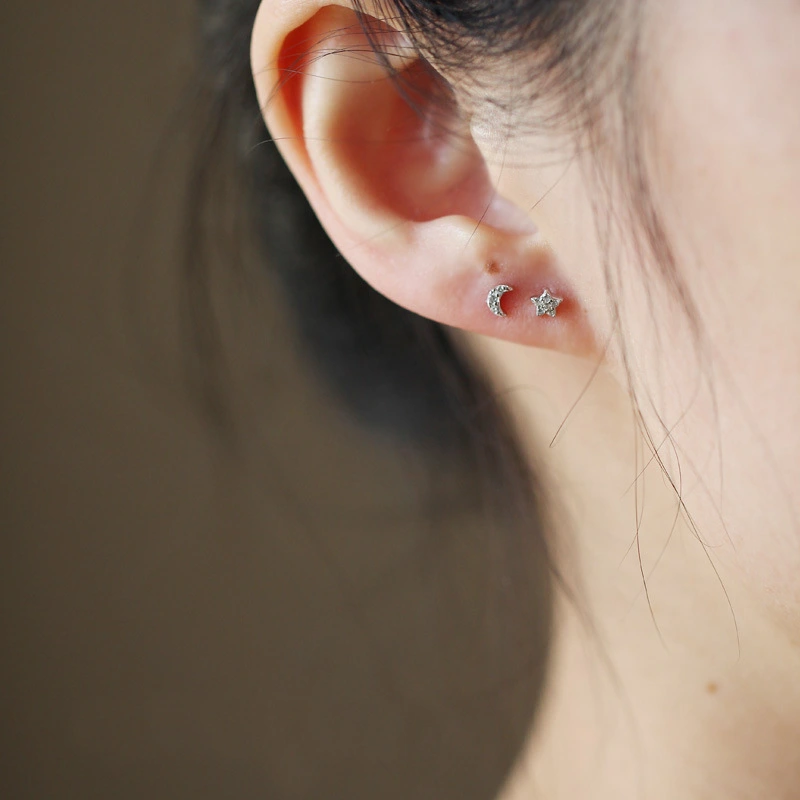 S925 Sterling Silver 14K Gold Earrings Star And Moon Asymmetrical Mini Cute Earrings Female Mix And Match Exquisite Niche