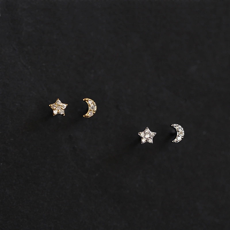 S925 Sterling Silver 14K Gold Earrings Star And Moon Asymmetrical Mini Cute Earrings Female Mix And Match Exquisite Niche