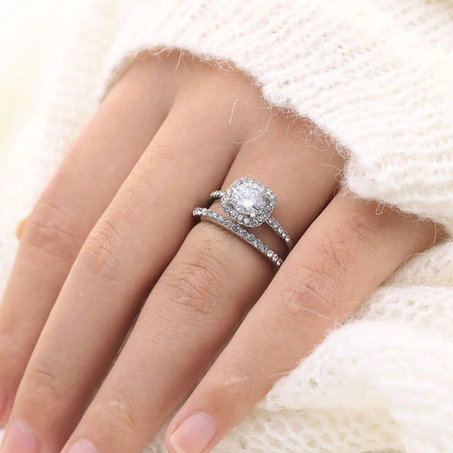 Cushion Cut Wedding Ring Set In Sterling Silver