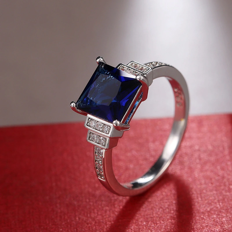 European And American Dark Blue Zircon Plated White Gold Diamond Ring