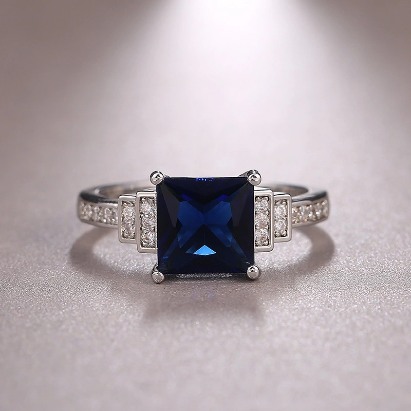 European And American Dark Blue Zircon Plated White Gold Diamond Ring