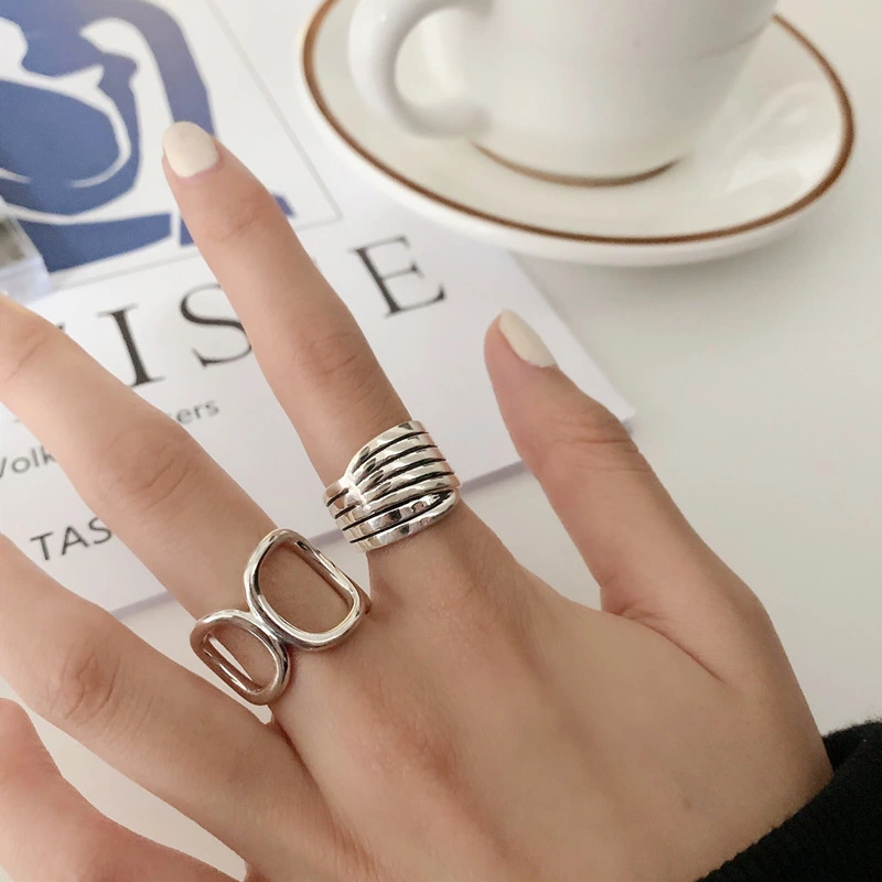 Japanese And Korean Geometric High-end Retro Ring Female 925 Silver Ins Personality Wide Version Simple Hip-Hop Opening Index Finger Ring