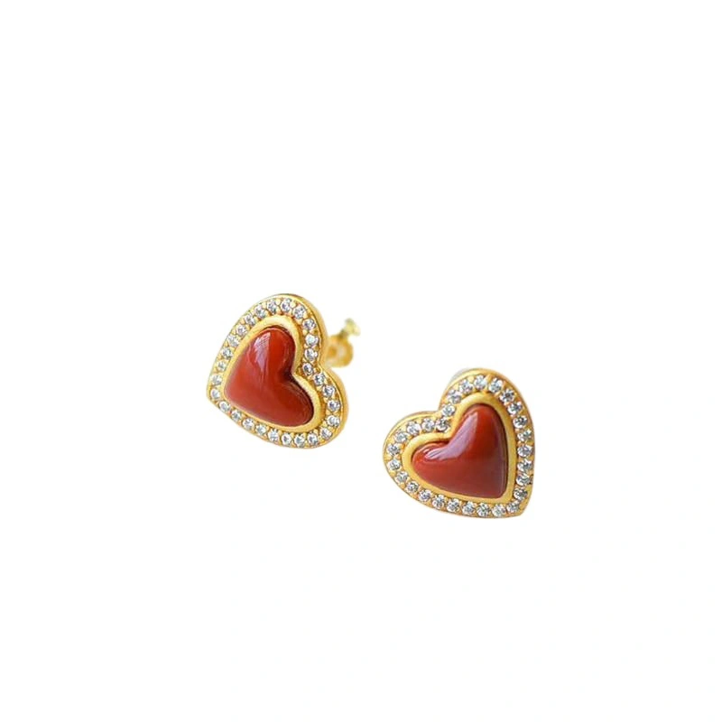 Natural South Red Agate Love Stud Earrings S925 Sterling Silver