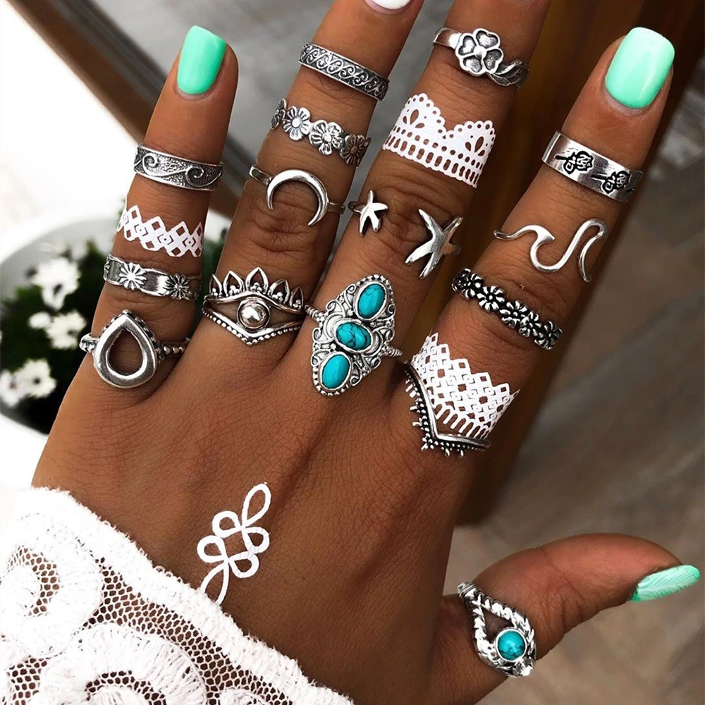Retro Ethnic Style Exaggerated Gemstone Combination Set Ring