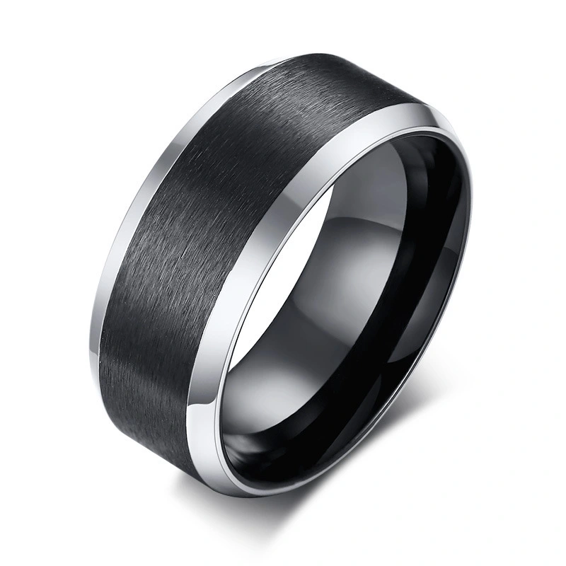 Brushed Stainless Steel Ring With Blue And Black Plating Inside