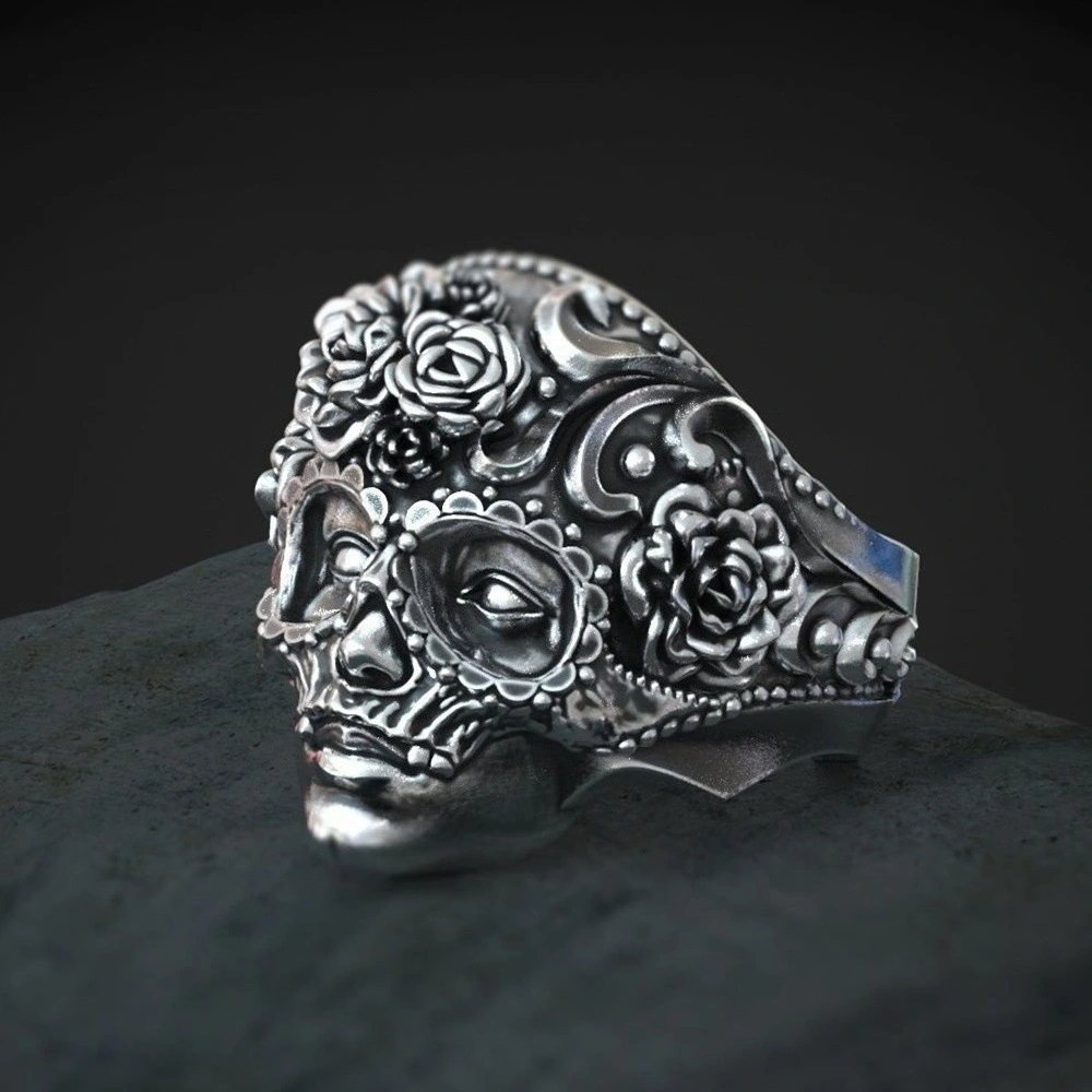 Retro Domineering Men's Skull Flower Ring