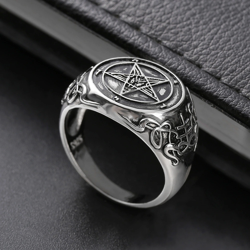 New Satan Satane Demon Ghost Sheep Head Bafengt Reversed Pentagram Band Badge Ring
