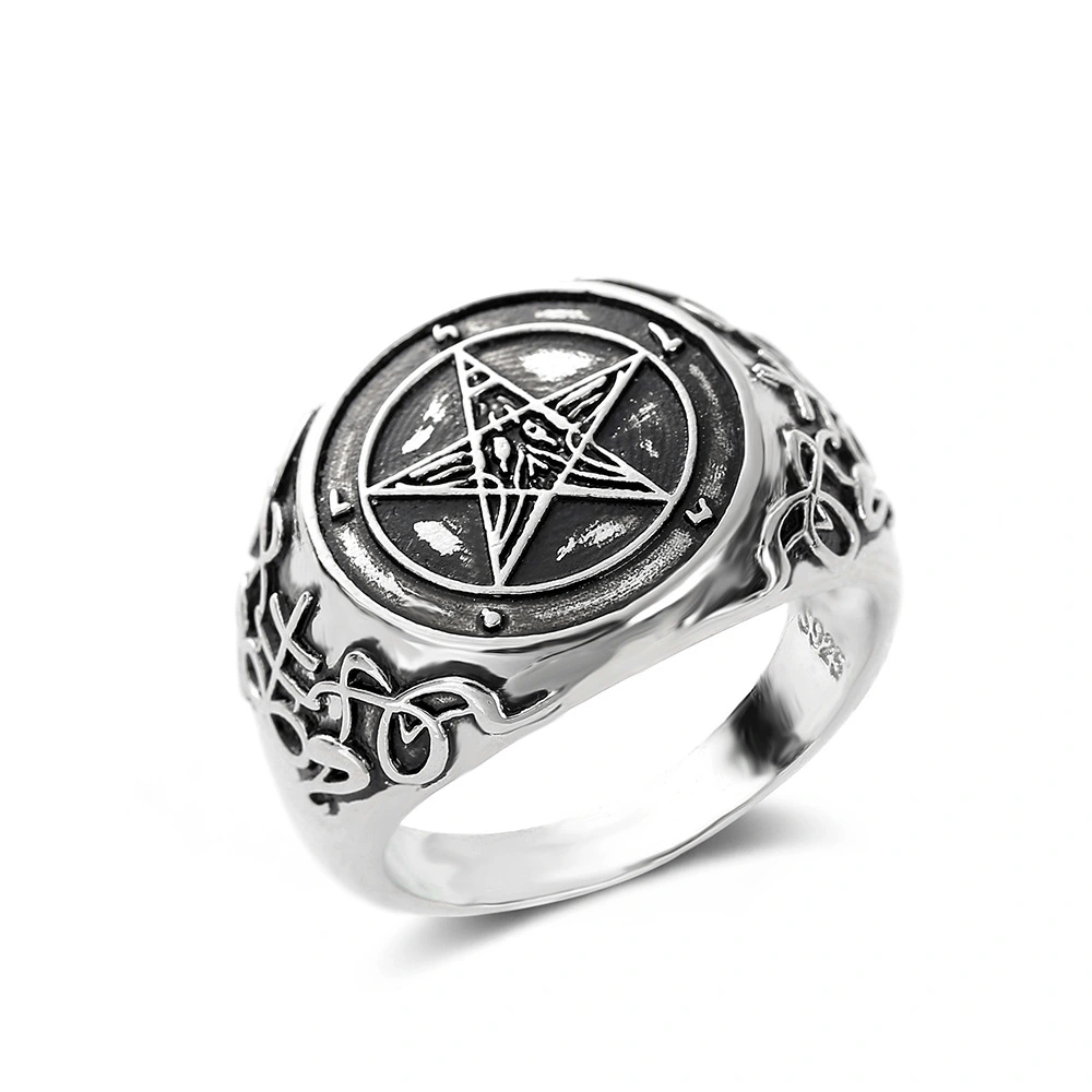 New Satan Satane Demon Ghost Sheep Head Bafengt Reversed Pentagram Band Badge Ring