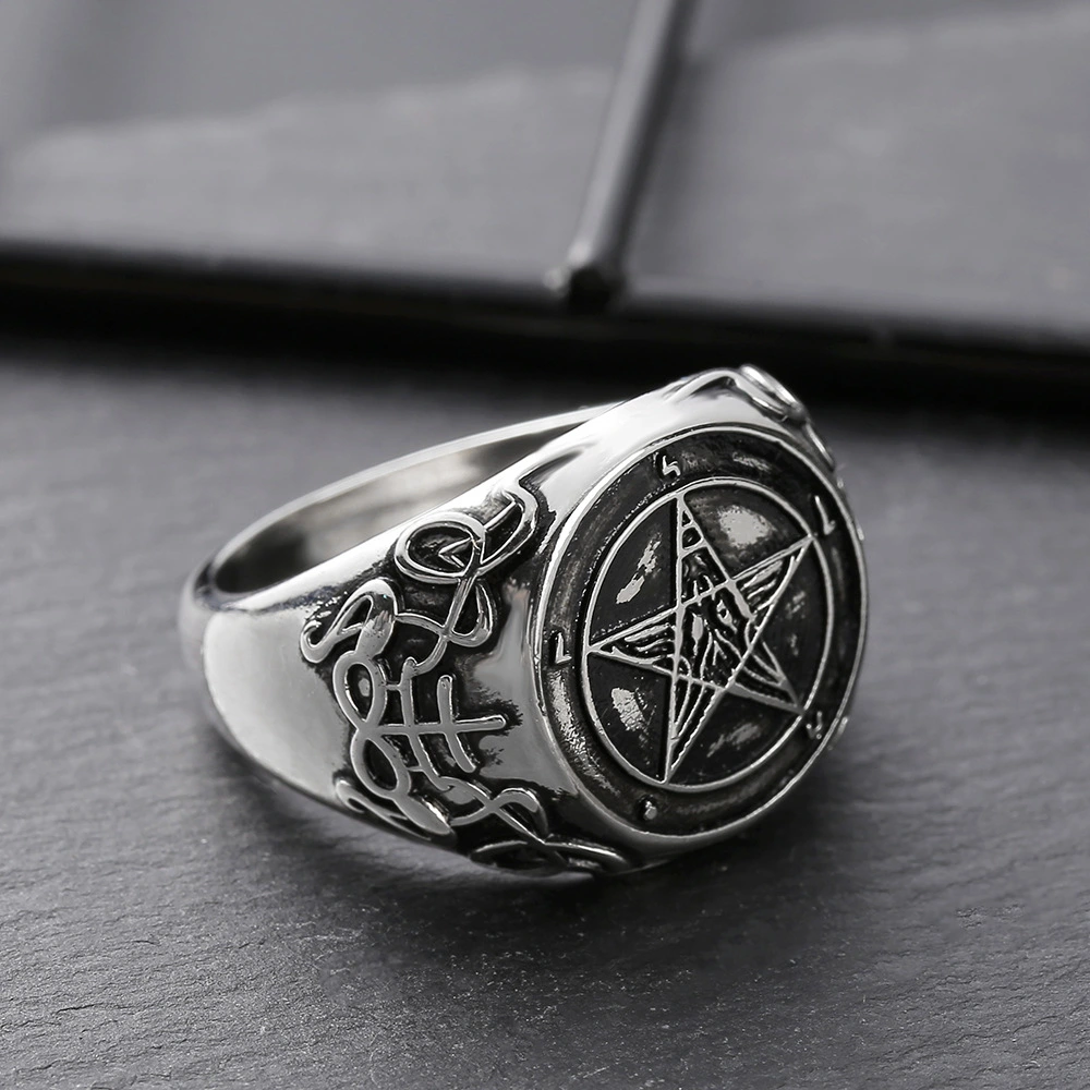 New Satan Satane Demon Ghost Sheep Head Bafengt Reversed Pentagram Band Badge Ring
