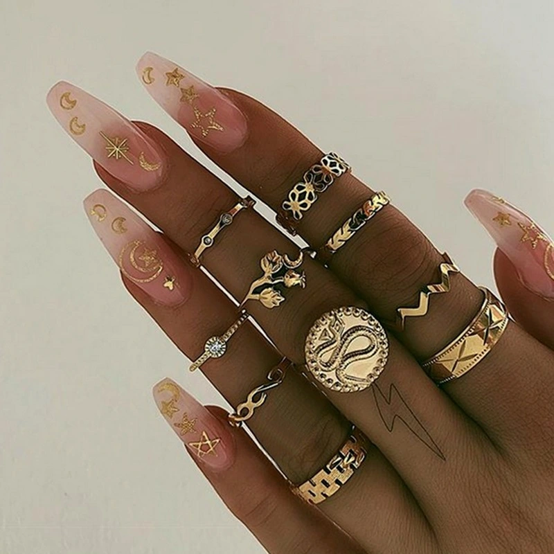 Retro Ring Set Bohemia Style Diamond Drop Geometric Female Rhinestone Tail Ring Hand Jewelry