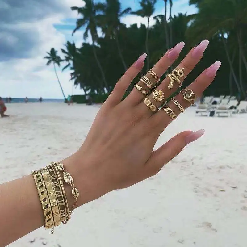 Retro Ring Set Bohemia Style Diamond Drop Geometric Female Rhinestone Tail Ring Hand Jewelry