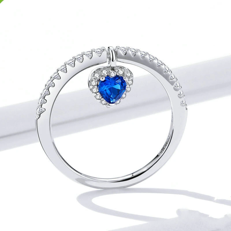 Platinum Blue Love Heart Ring S925 Sterling Silver Mysterious Retro Heart Shape