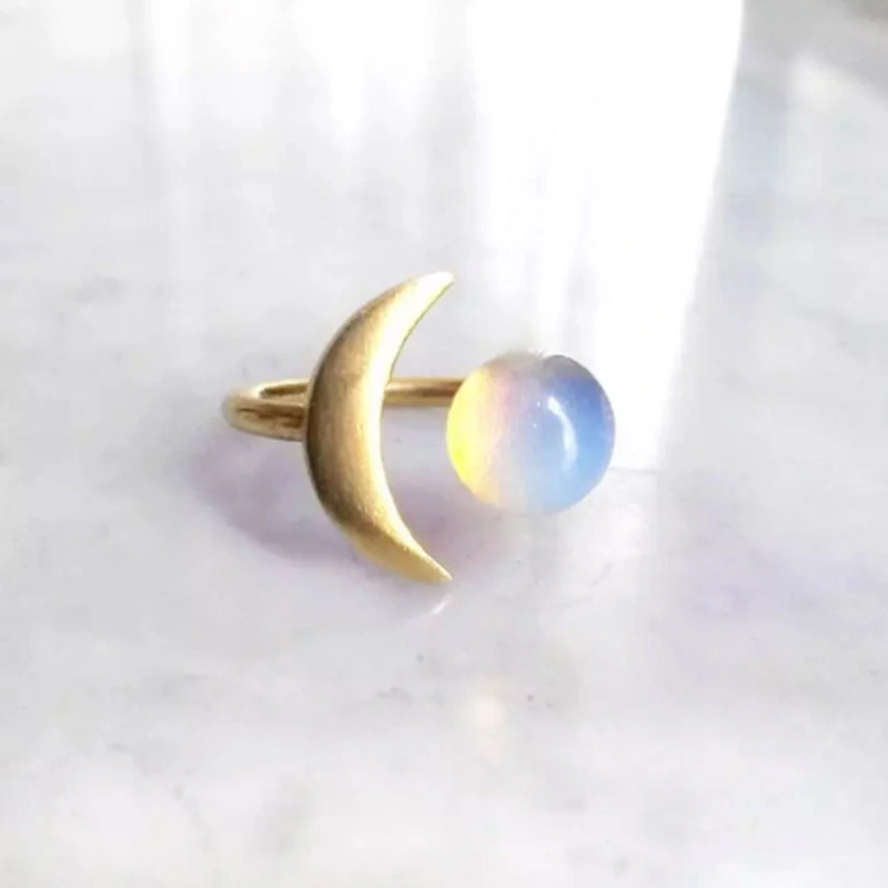 Gold Opal Moon Ring White Transparent Stone Simple Ring