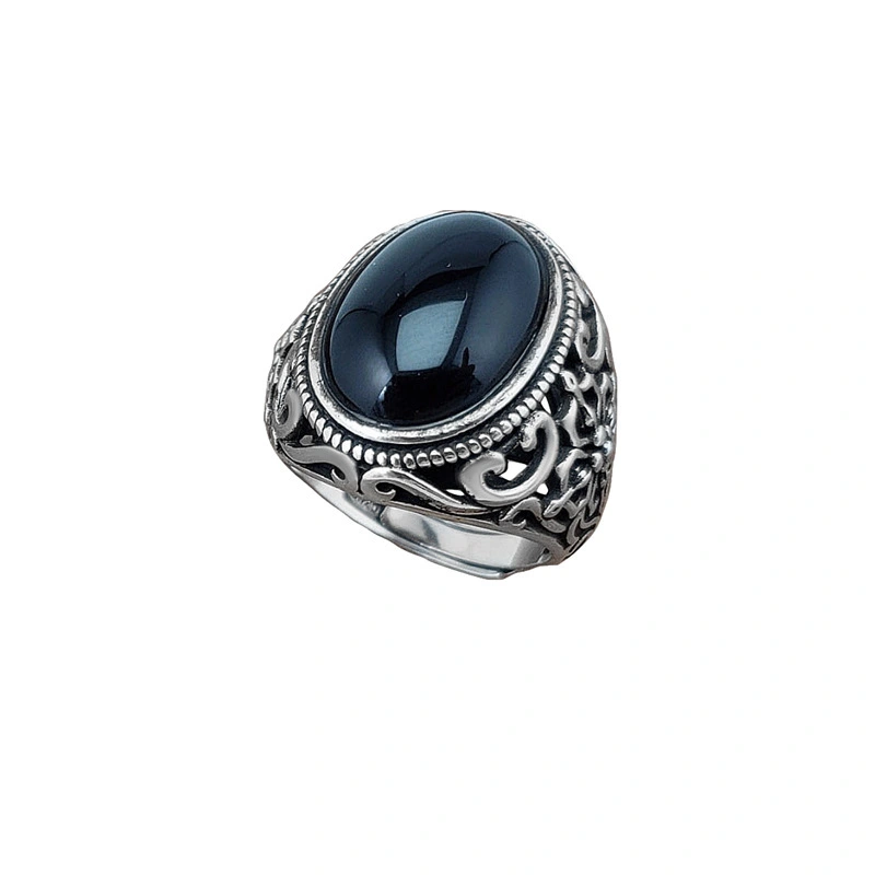 Simple Retro Thai Silver Mouth Black Agate Ring