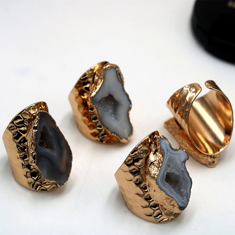 Agate Geode Ring Colored Rough Stone Gold Plated Ring