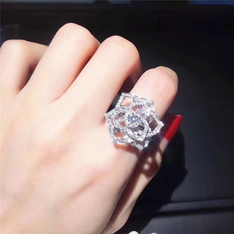 18K White Gold Plated Full Diamond Heart-shaped Rose Flower Simulation Zircon Engagement Ring Female