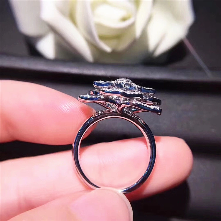18K White Gold Plated Full Diamond Heart-shaped Rose Flower Simulation Zircon Engagement Ring Female
