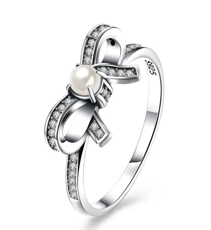 New 925 Sterling Silver Ring Women Fashion Simple Bow Inlaid Pearl Ring Jewelry