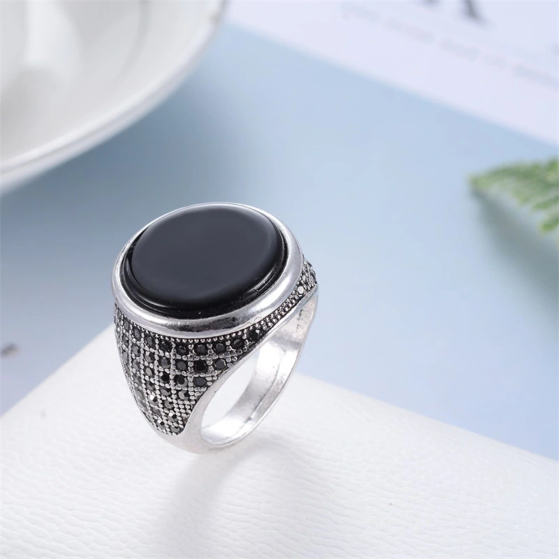 Men's Round Vintage Full Diamond Black Gemstone Ring