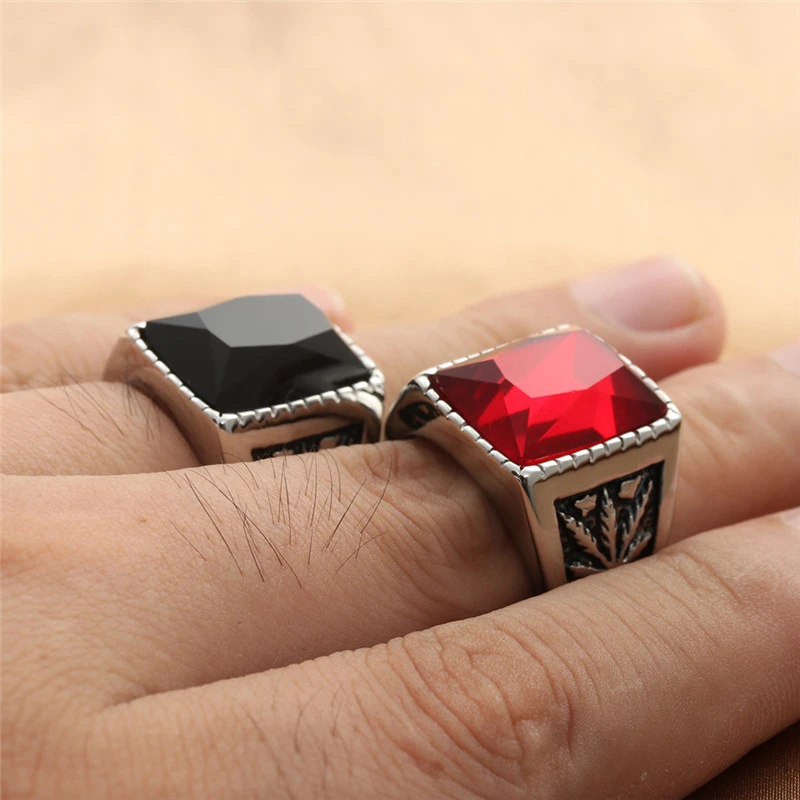 Titanium Steel Leaf Gemstone Retro Stainless Steel Square Ring