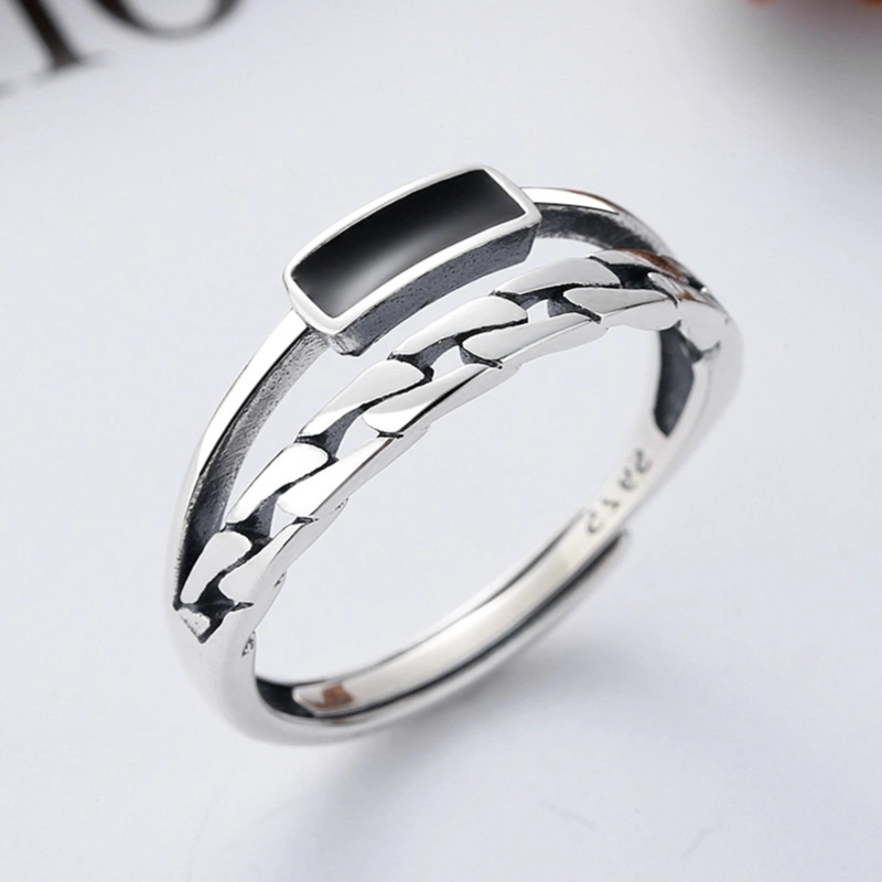 S925 Sterling Silver Distressed Chain Hollow Stitching Epoxy Ring For Men And Women