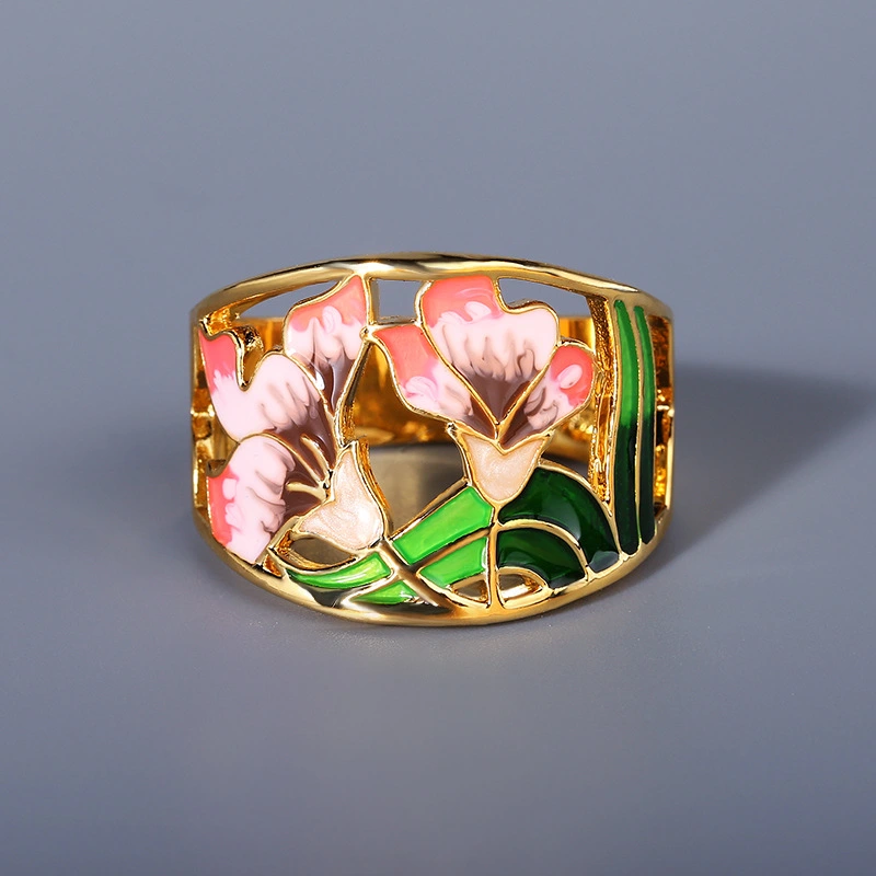 Creative Flower Enamel Epoxy Silver Diamond Ring For Women