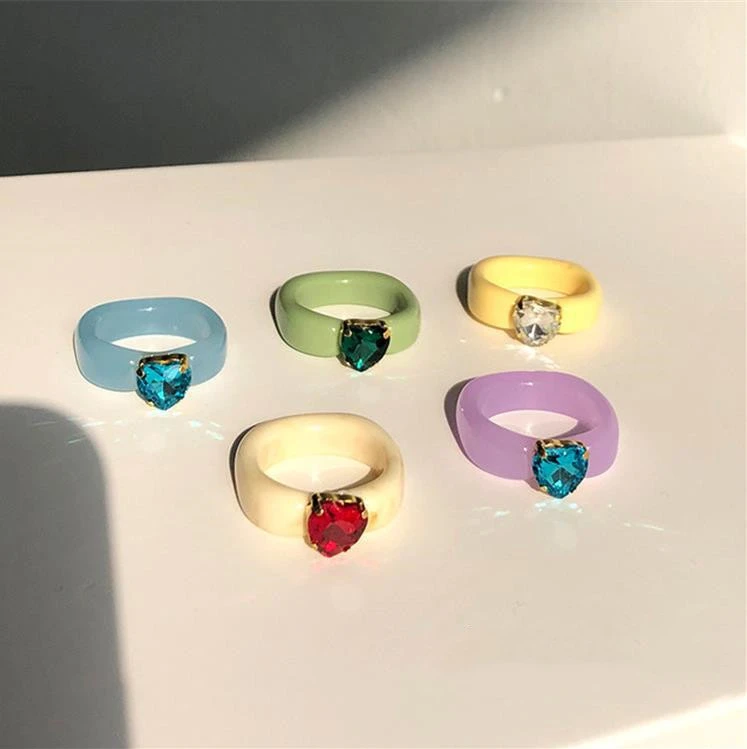 Acrylic Color Love Rhinestone Resin Ring Five-piece Set