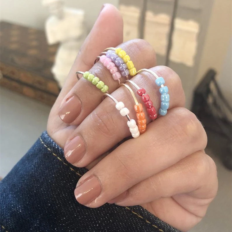 Glass Rice Bead Candy Color Ring
