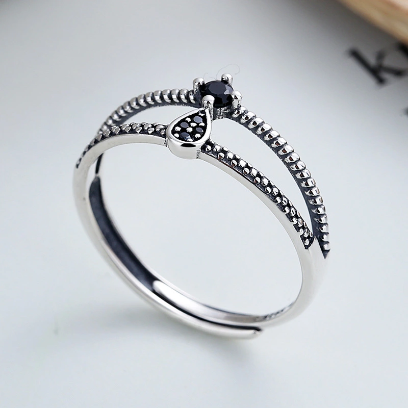 S925 Sterling Silver Vintage Thai Silver Inlaid Black Hao Stone Ring