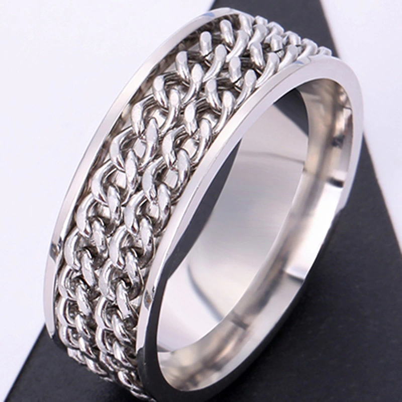 New Fashion Stainless Steel Ring Can Rotate Double-row Chain Titanium Steel