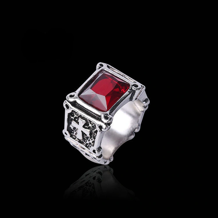 European And American Style Men's Retro Ring Gothic Cross With Rubies