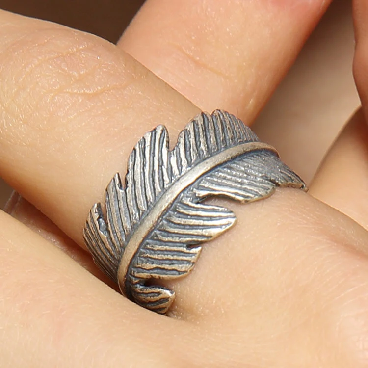 S925 Sterling Silver Geometric Personality Leaf Feather Ring