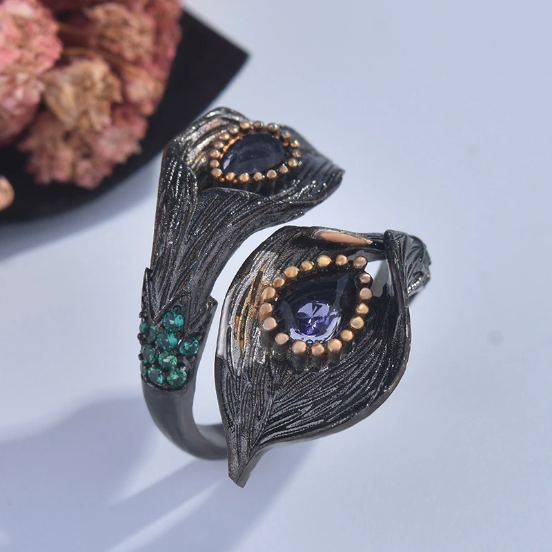 Style Black Gold Calla Lily Leaf Two-tone Ring Women