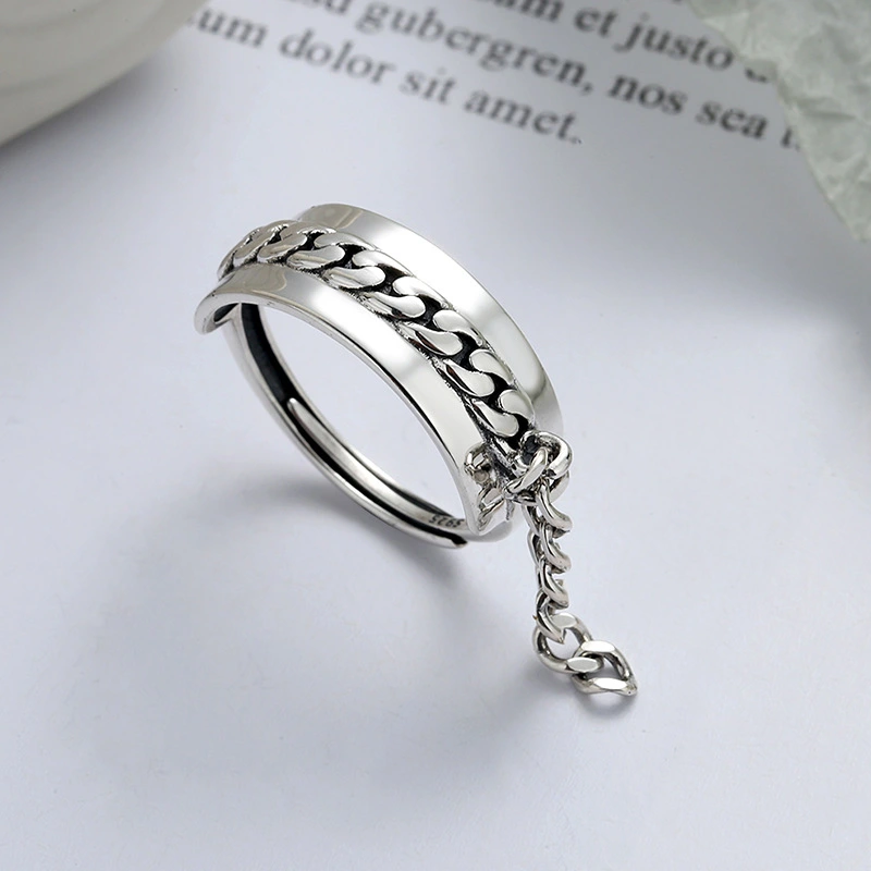 S925 Sterling Silver Korean Personality Creative Chain Tassel Stitching Index Finger Ring
