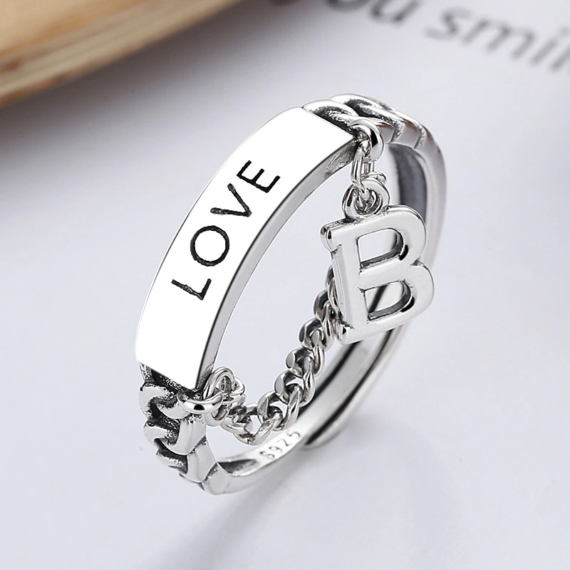 Sterling Silver Trendy English Letter B Chain Tassel Ring